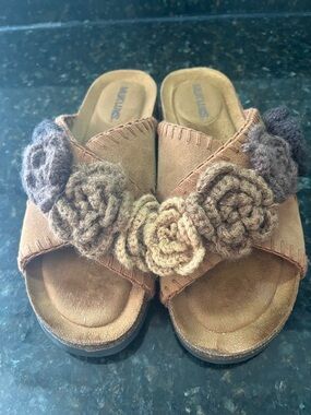 Muk Luks Brown Suede Slip-On Mules with Crochet Flower Accents